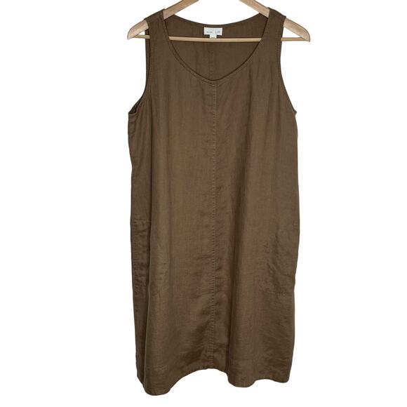 J. Jill Love Linen Sleeveless Shift Dress M Brown Pockets Lagenlook Minimalist - Picture 1 of 10